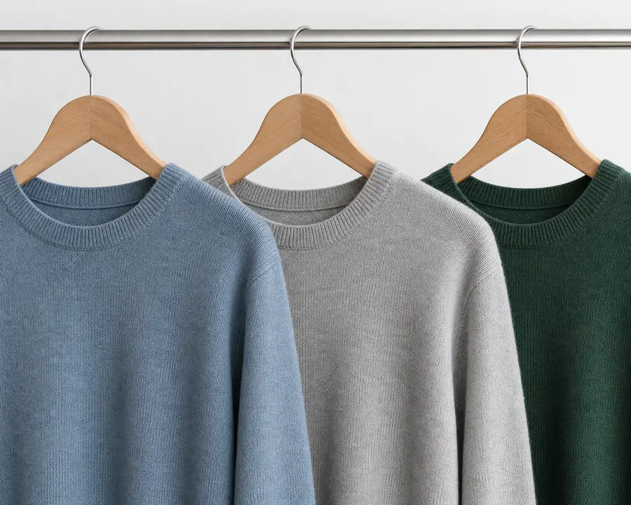 Feinstrickpullover mit Rundhals in Staubblau, Hellgrau und Tannengrün auf Holzbügeln